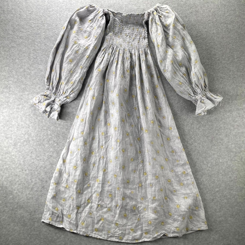 Sleeper Atlanta Linen Midi Dress Womens XS Gray Daisy Print Off Shoulder Smocked